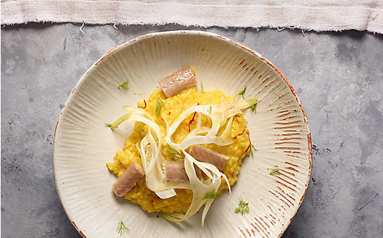 Safranrisotto mit Räucheraal und mariniertem Fenchel - (c) Foto: Stephanie Golser Safranrisotto mit Räucheraal und mariniertem Fenchel