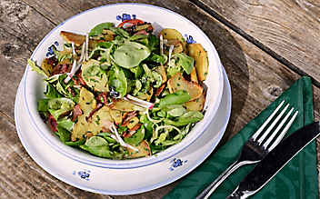 Erdäpfel-Vogerlsalat mit Speck und Kürbiskernöl - (c) Foto: Christof Wagner Erdäpfel-Vogerlsalat