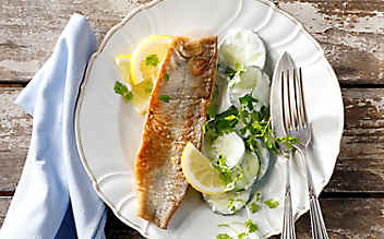 Knuspriger Saibling mit Rahm-Gurken-Salat - (c) Foto: Eisenhut & Mayer Knuspriger Saibling mit Rahm-Gurken-Salat