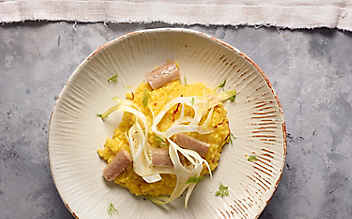 Safranrisotto mit Räucheraal und mariniertem Fenchel - (c) Foto: Stephanie Golser Safranrisotto mit Räucheraal und mariniertem Fenchel